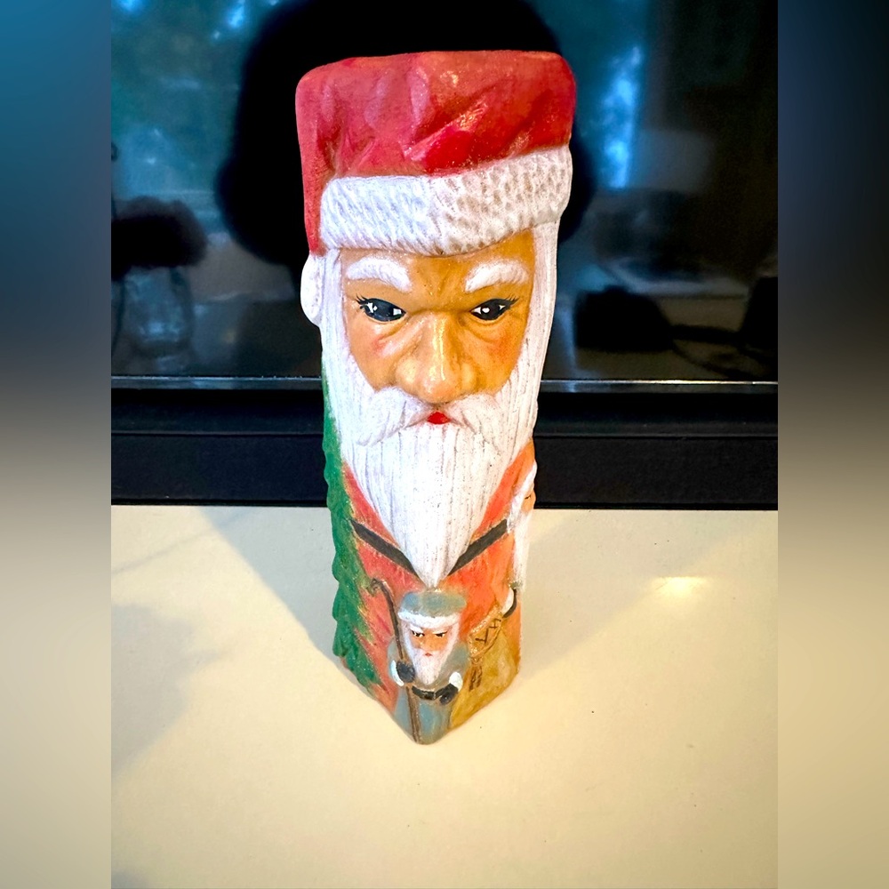 Hand Painted Vintage Santas 4 Sided Ceramic Christmas Match Candle Holder 10"